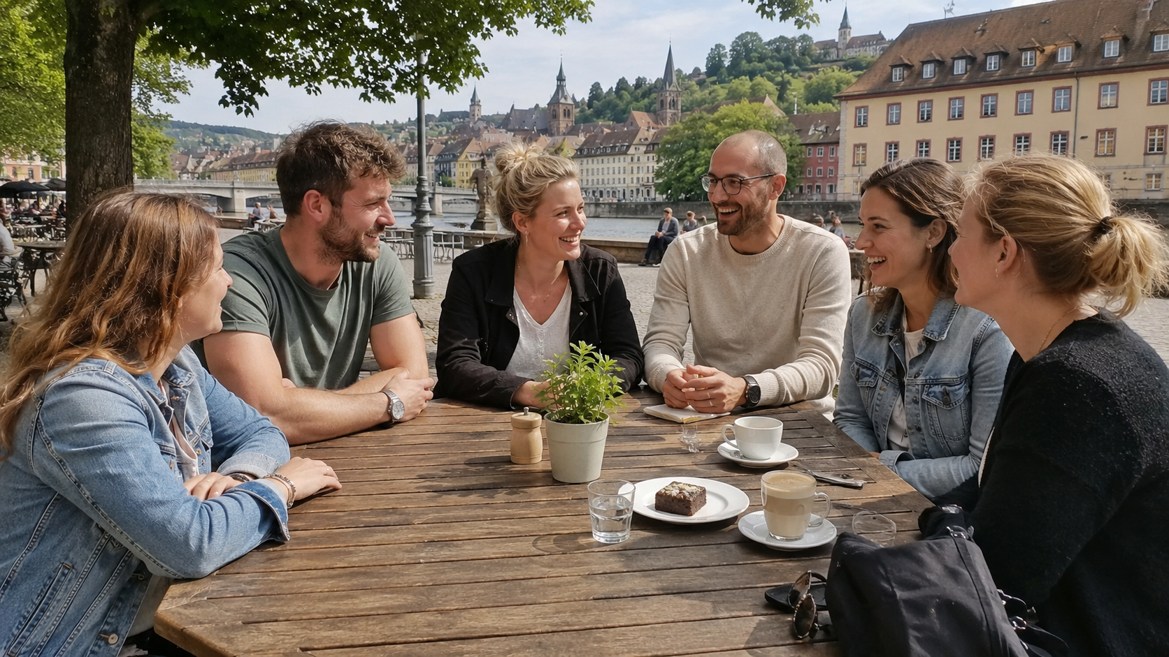 Vier Menschen mit zwei Begleitpersonen bei einem freundlichen Treffen im Freien